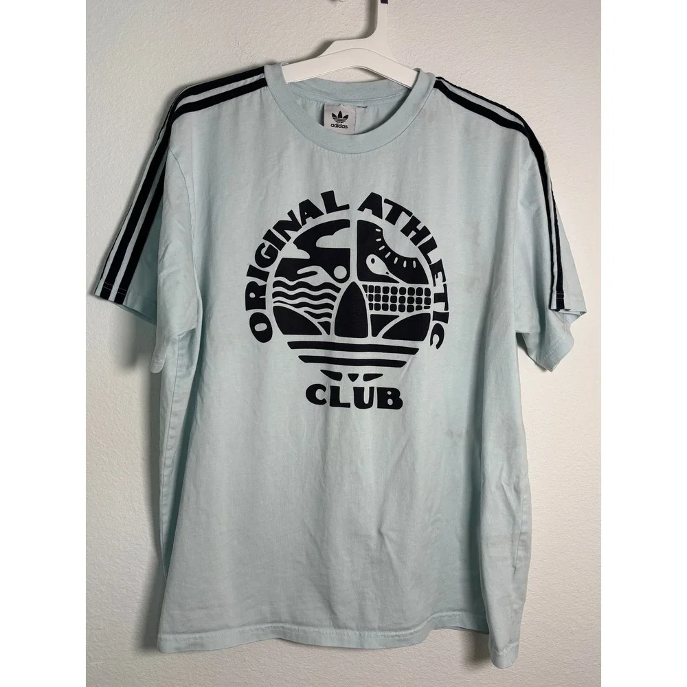 Adidas‎ Originals Athletic Club T-Shirt Mens Large Light Blue 3-Stripe Graphic
